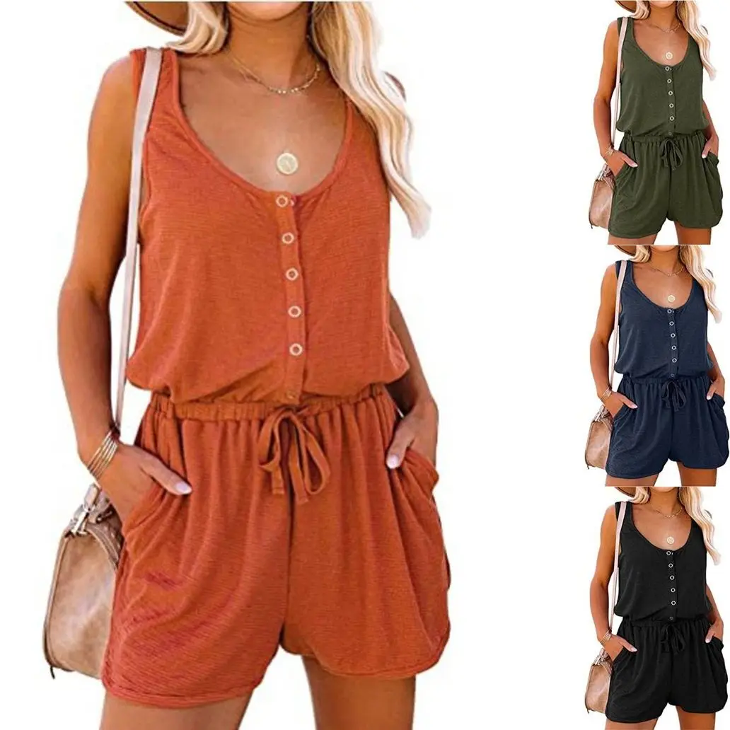 

Summer Women's Sleeveless Romper Waist-Cinching Belted Casual Loose Wide Leg Shorts One-Piece Suit Low Waist Shorts