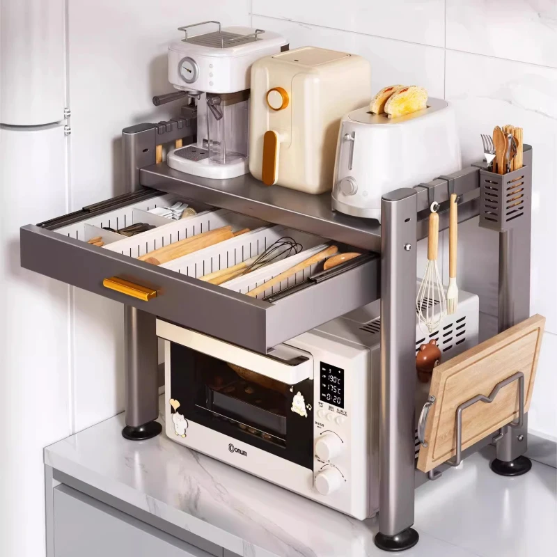 Microwave Oven Storage Rack with Drawer Multifunction Kitchen Counter Shelf Rice Cooker Oven Stand Space Saving Organizer - view 5