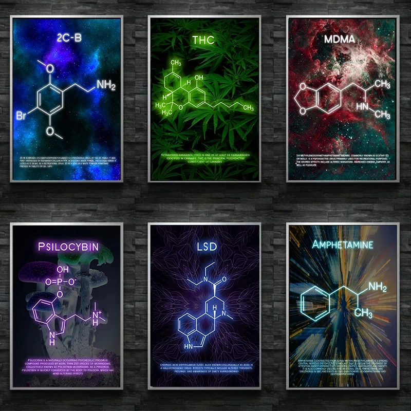 Retro Chemical Formula Drug Molecules Ketamine MDMA Psilocybin Molecule Art Poster Canvas Painting Wall Print Picture Home Decor