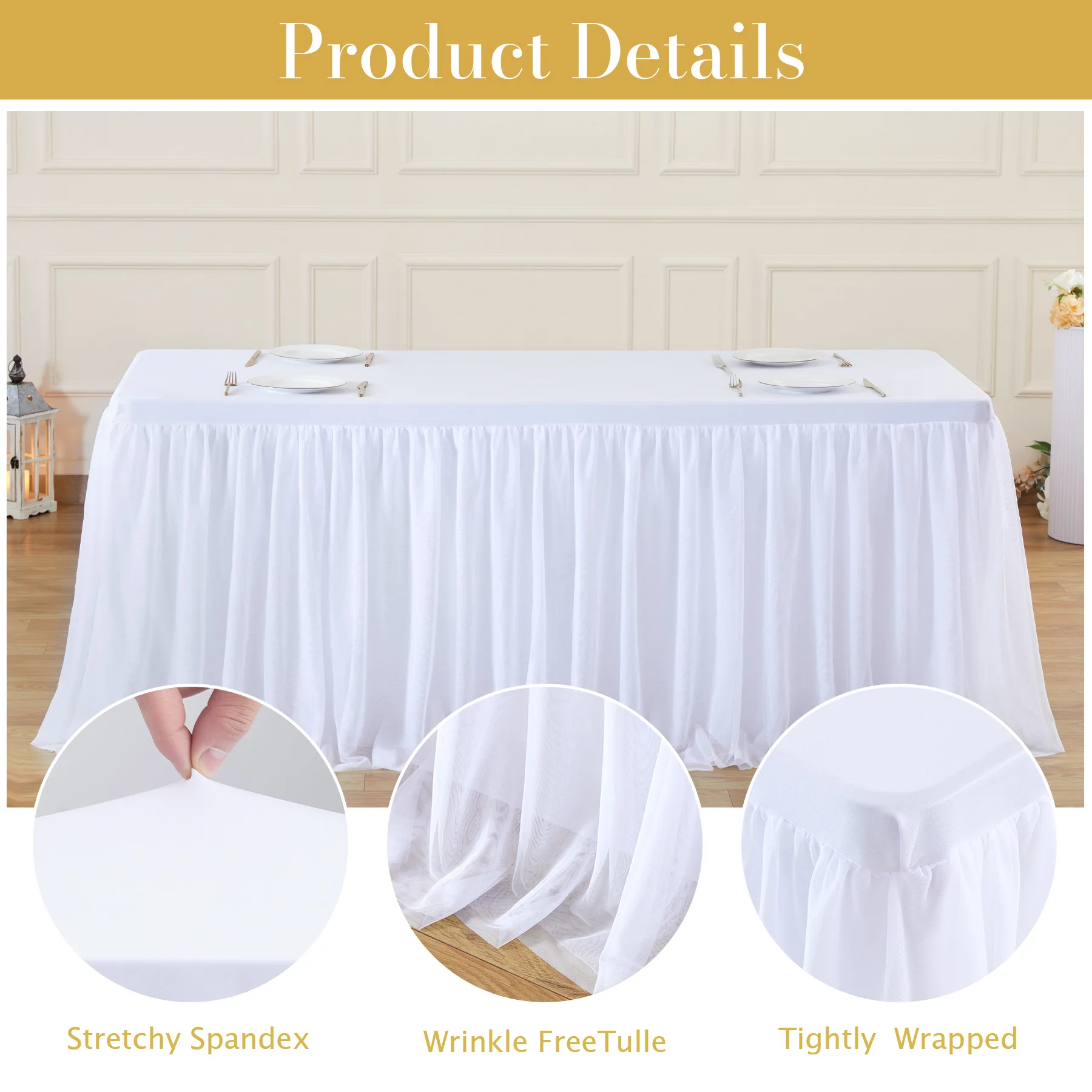 Tablecloth 2-in-1 Elastic Stretch Spandex Cover with Tutu Ruffle Skirt Wrinkle Free for Wedding Birthday Banquet Bridal Shower