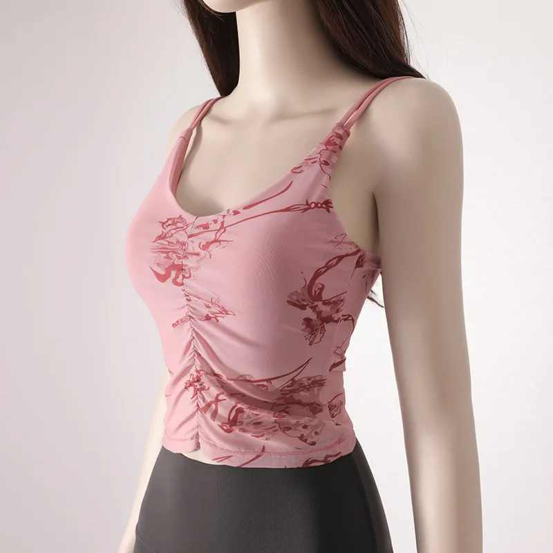 

Женский винтажный спортивный бюстгальтер с сетчатыми рюшами и китайским принтом 2025 года, укороченный топ с фиксированной чашкой, быстросохнущий топ с лямкой на бретельках для йоги, бега в тренажерном зале