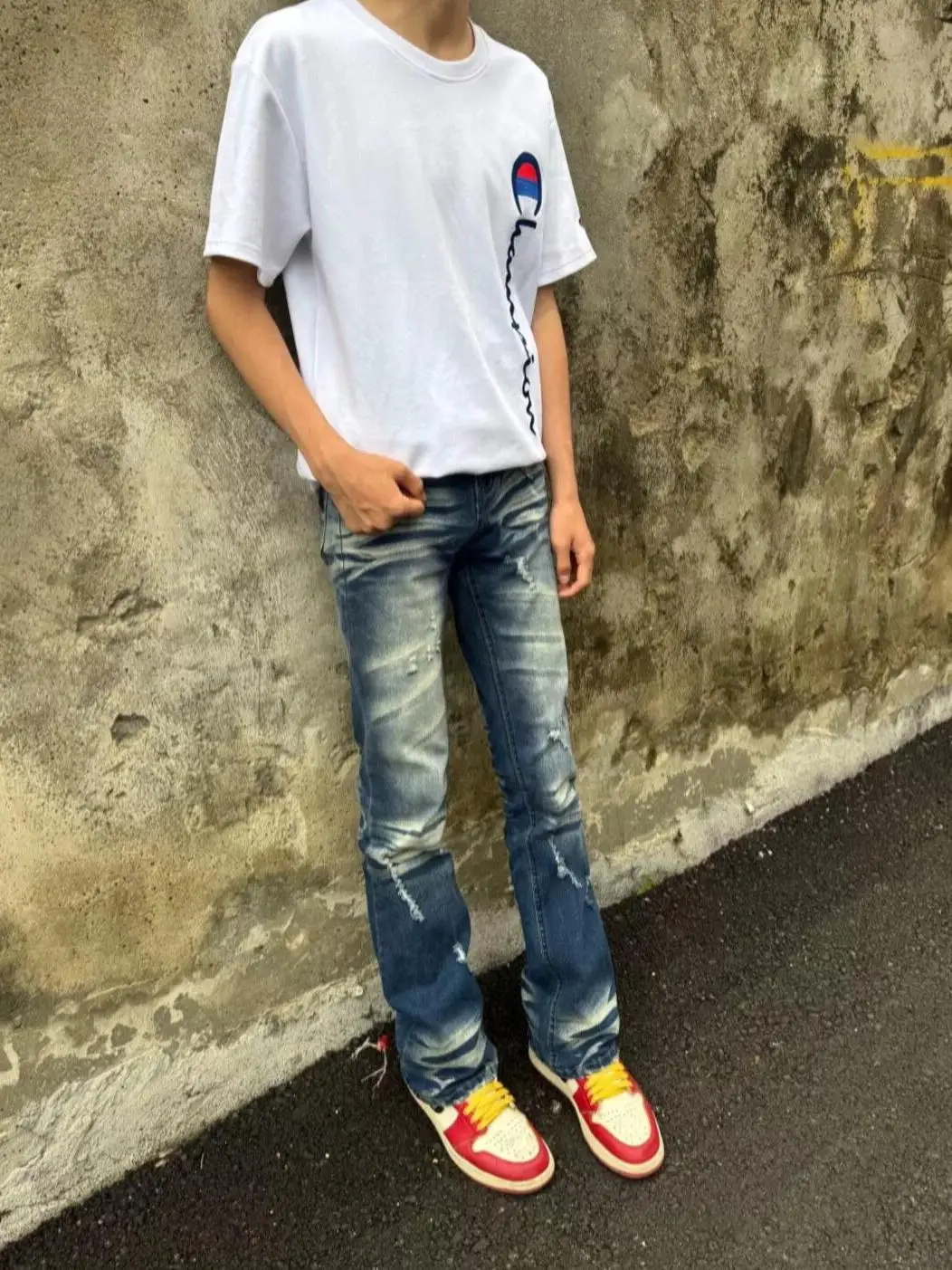 Calça Jeans Unissex 517 Retrô Lavada Estilo Americano High Street com Rasgos Micro Flare Elástica Algodão Stretch Denim