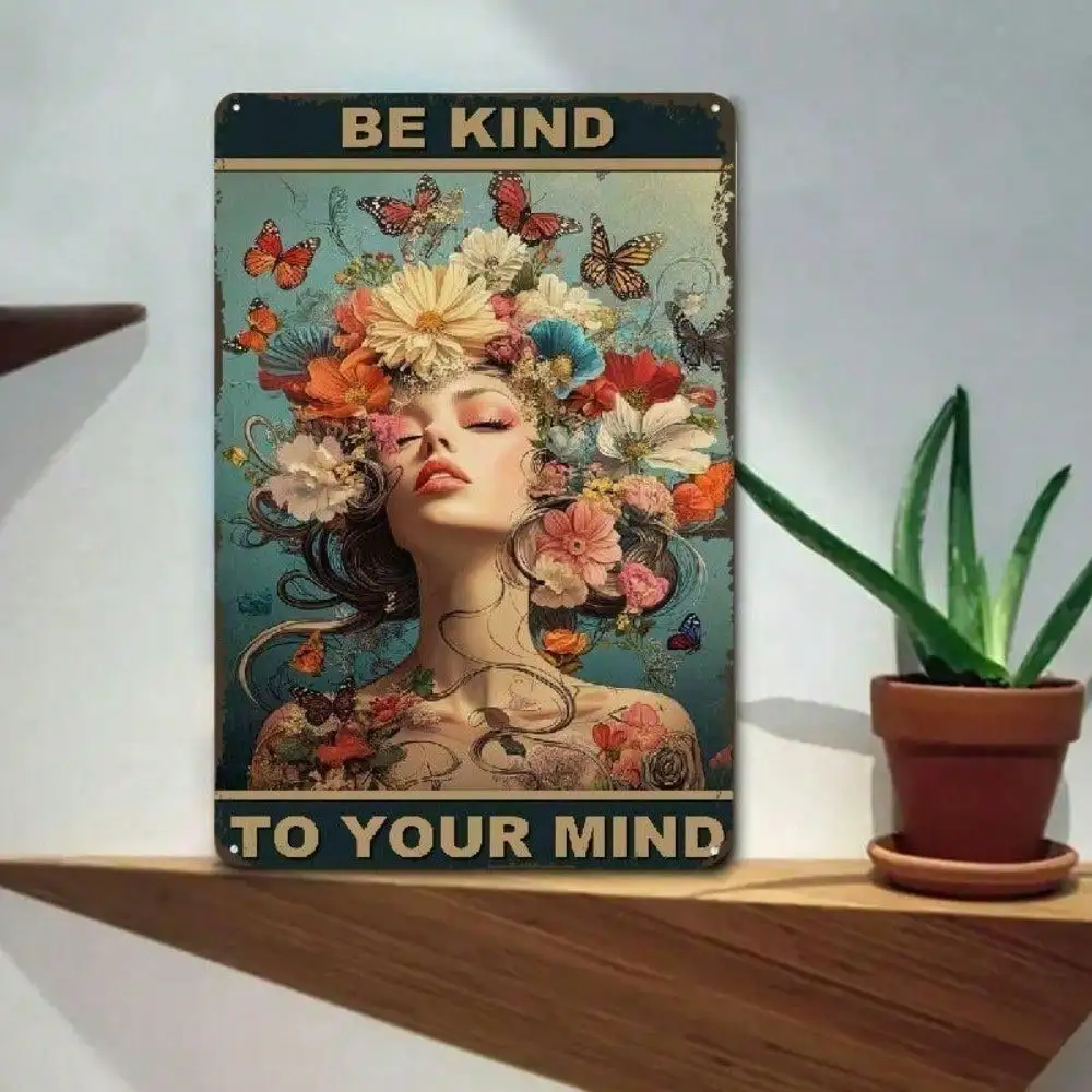 CIFBUY Be Kind To Your Mind Floral Butterfly Vintage Aluminum Wall Art Waterproof Durable Metal Sign for Home Living Room Decor