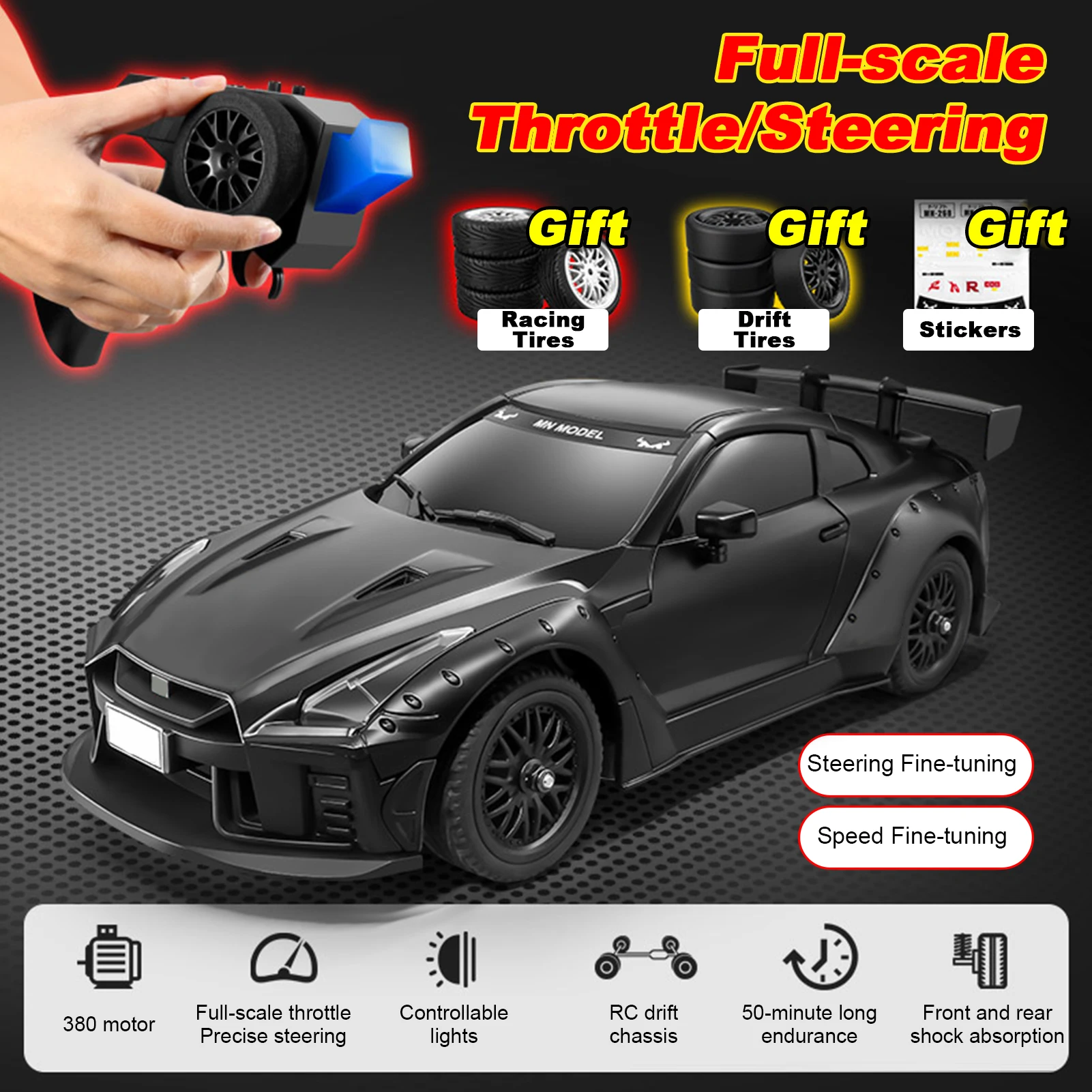 

1:16 2.4G RC Drift Car with LED Lights Interchangeable Tires Remote Control Car for Adults and Kids Drift Racing Car