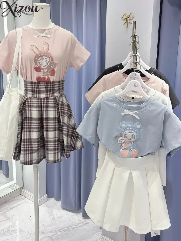 오리지널 스위트 하이웨이스트 안티 익스포저 타이 플리츠 숏 스커트 여름 솔리드 컬러 미니 캐주얼 스커트 일본 스타일