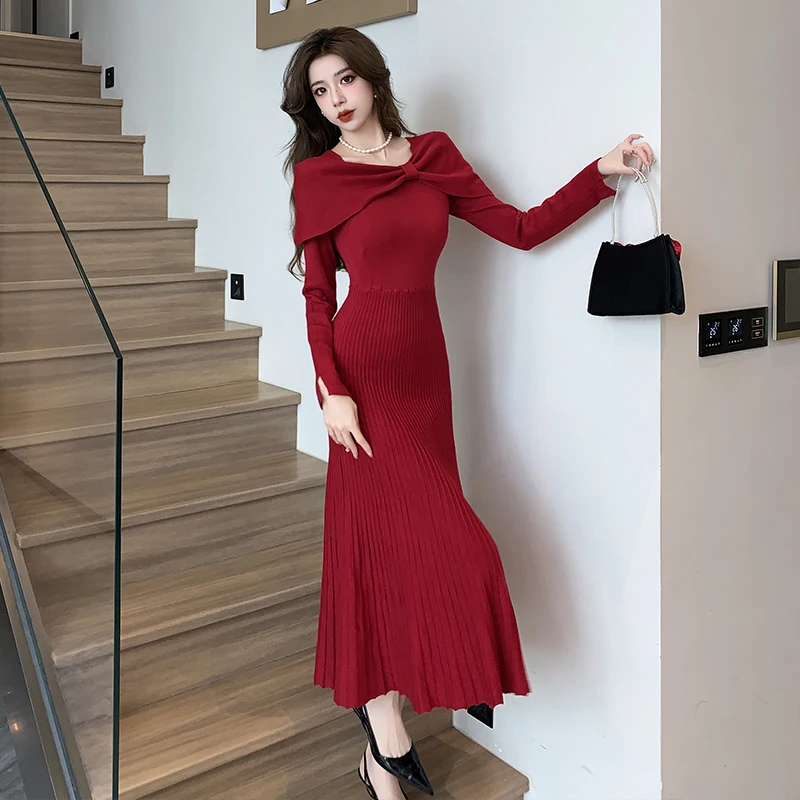 Fashion Chic Autumn Winter Red Bow Twist Knitted Sweater Dress Vintage Women O Neck Long Sleeve Stretch Pleated Long Vestidos