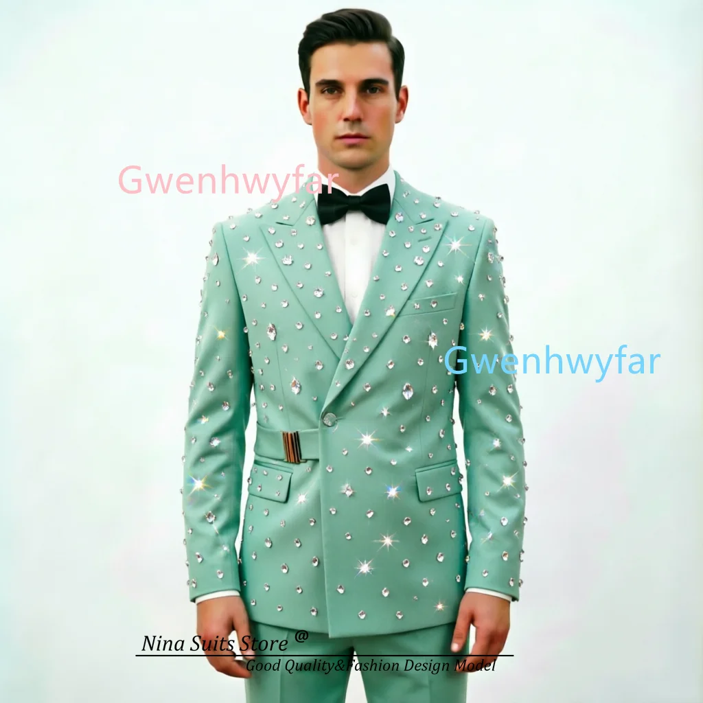 

G&N Mint Green Starlight Sparkling Effect 2-piece Set 2026 Customized Men's Luxury Suit Wedding Groom Party Man Suit with Buckle