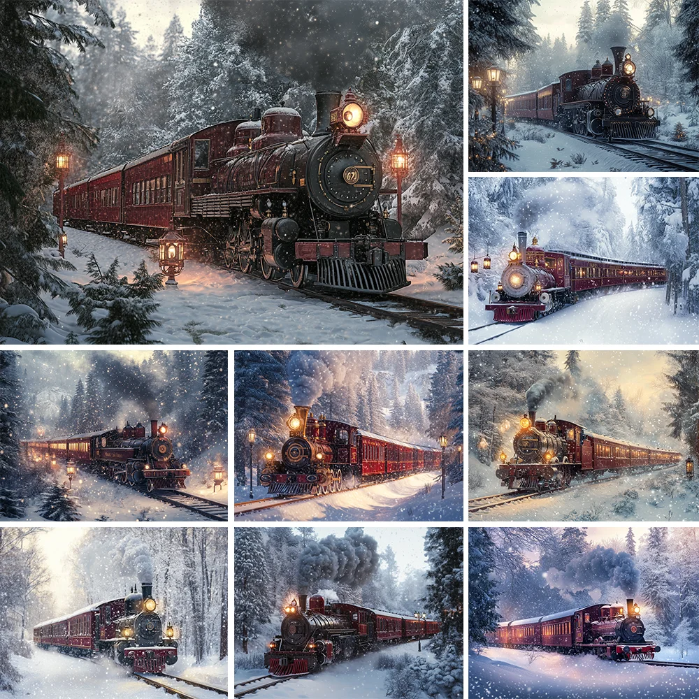 

Winter Train Christmas Backdrop Snow Scene Pine Forest Child Photocall Background Cloth Banner Photo Studio Photography Props