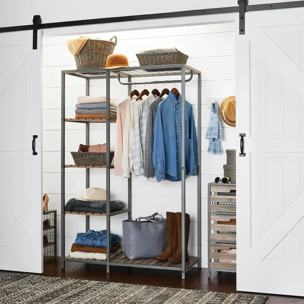 

Wood Metal Garment Rack Storage Organizer Hanging Rod Shelves Durable Functional Stylish Elegant Transitional Bedroom Decor Easy