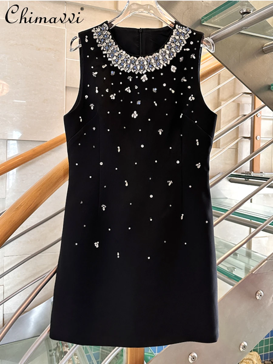 

Ladies Dresses 2024 Summer New Heavy Rhinestone Party Dress French Fashion Round Neck Sleeveless Elegant Short Women's Dress