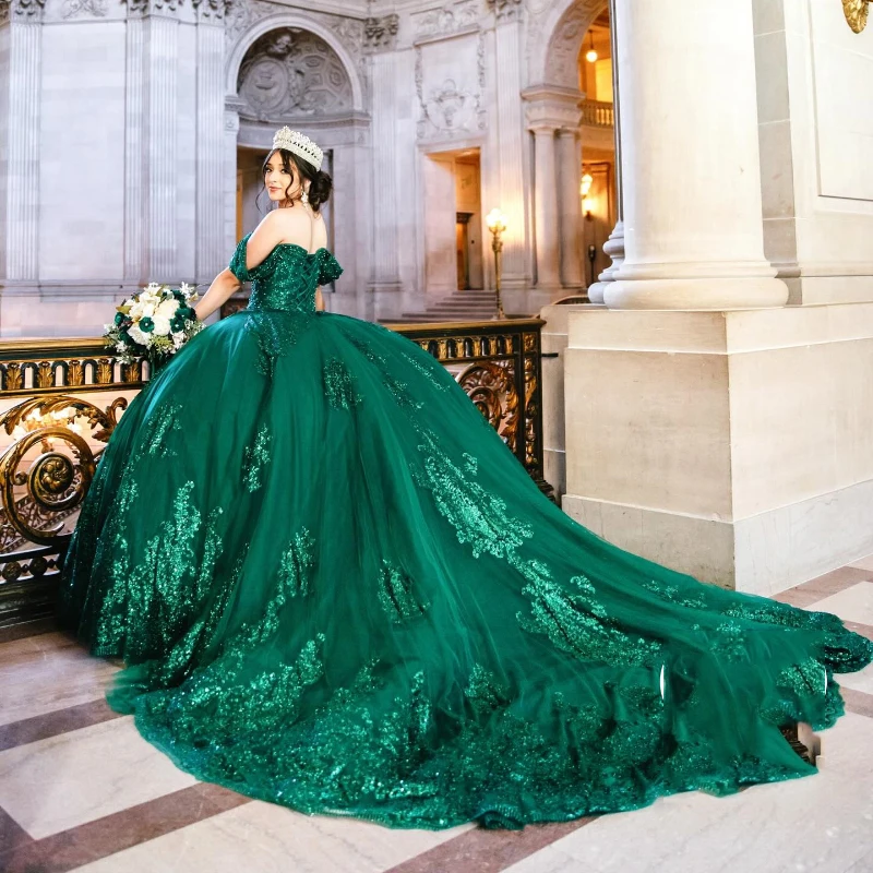 

EVLAST Emerald Green Quinceanera Dress Ball Gown Lace Sequins Appliques Beading Corset Sweet 16 Dress Vestido De 15 Anos TQD068