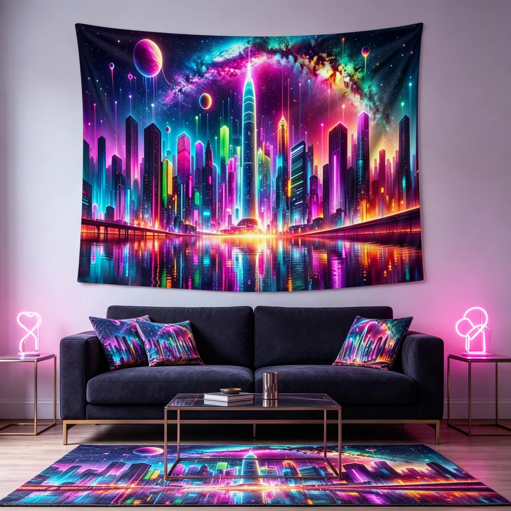 1PC Cyberpunk City Galaxy Art Print Backdrop Banner, Bedroom Living Room Photo Background, Polyester, Home Decor, Wall Art