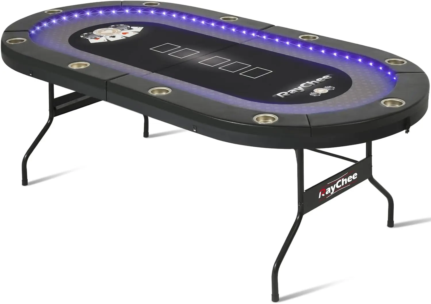 LED Poker Table, 10 Player Foldable Texas Holdem Table w/Inlaid LED Light, 2 USB & 2 Type-c Ports, Portable Blackjac for Texas C