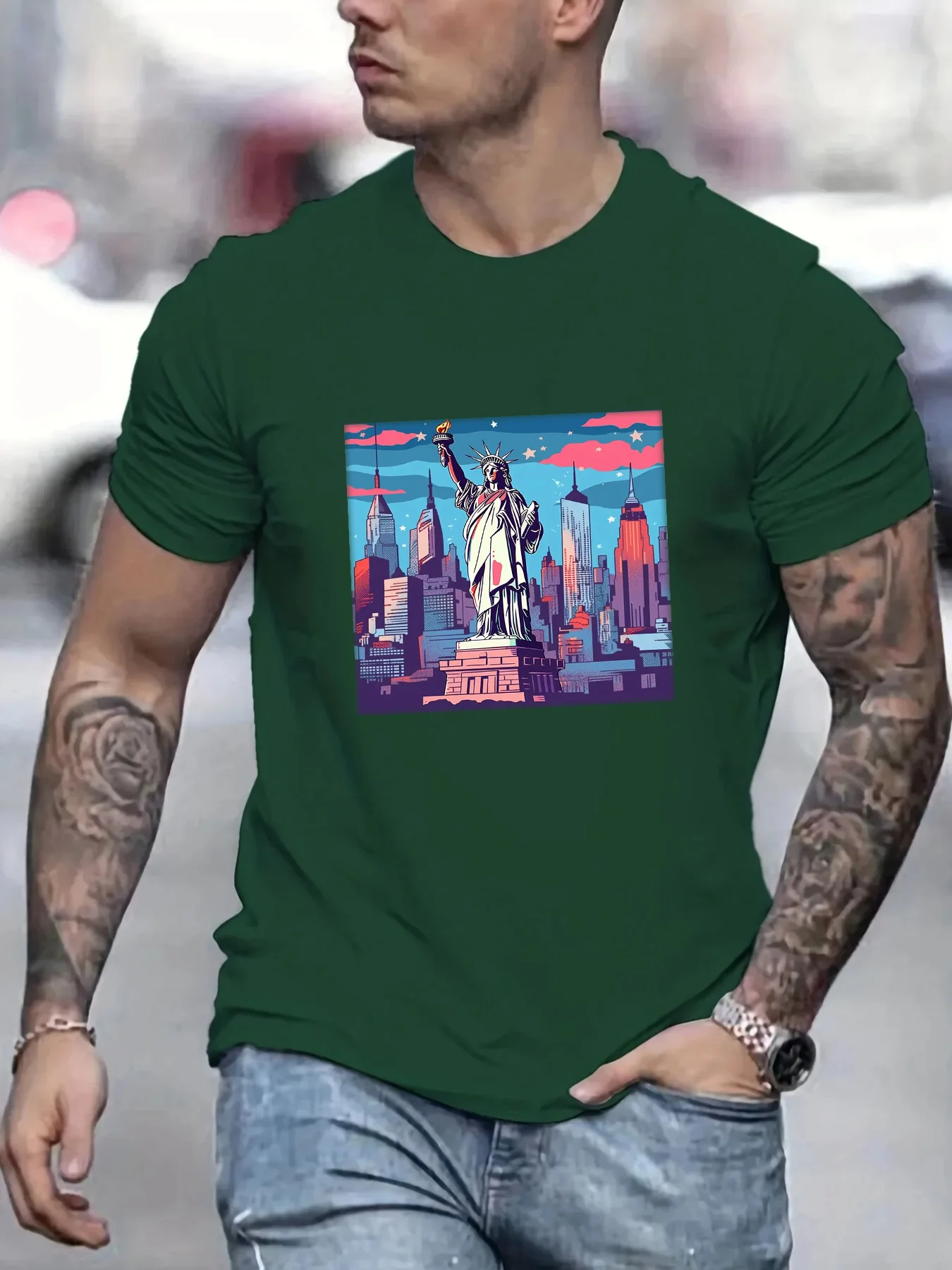 2024 Hot sale Men's 100 Cotton United States Statue of Liberty Short Sleeve T-shirt Top Loose Tshirt New 4