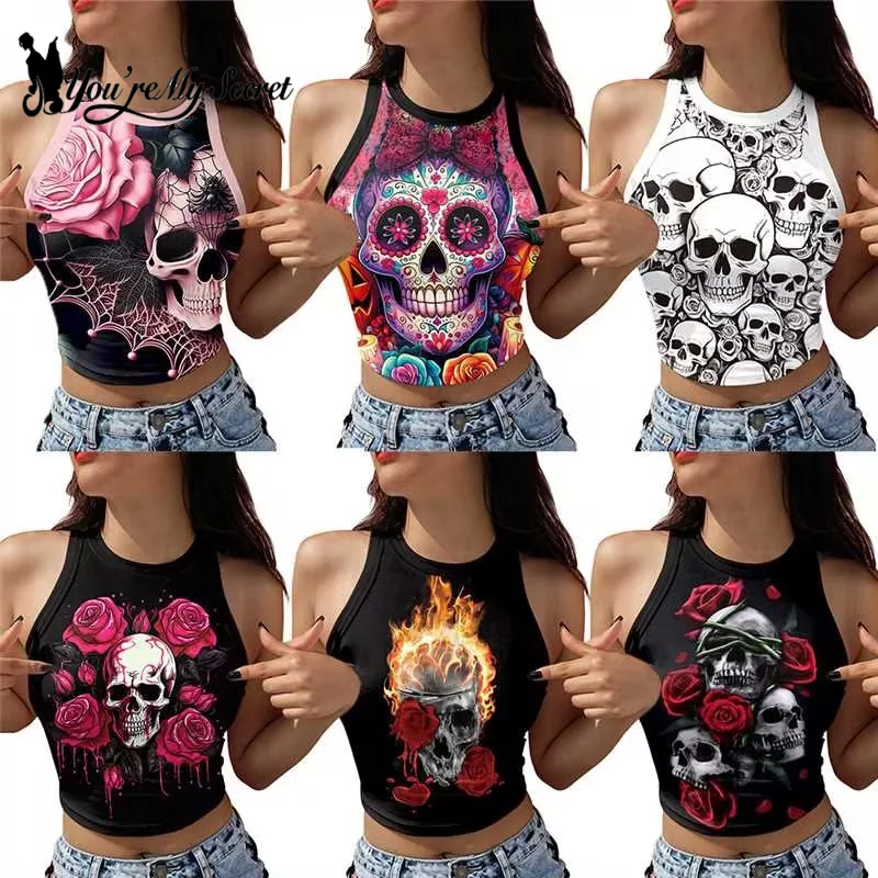 [You're My Secret] Halloween Cropped Crop Top Day of the Dead Racerback Tank Top Halter Fashion Black 3D Printed Sleeveless Vest