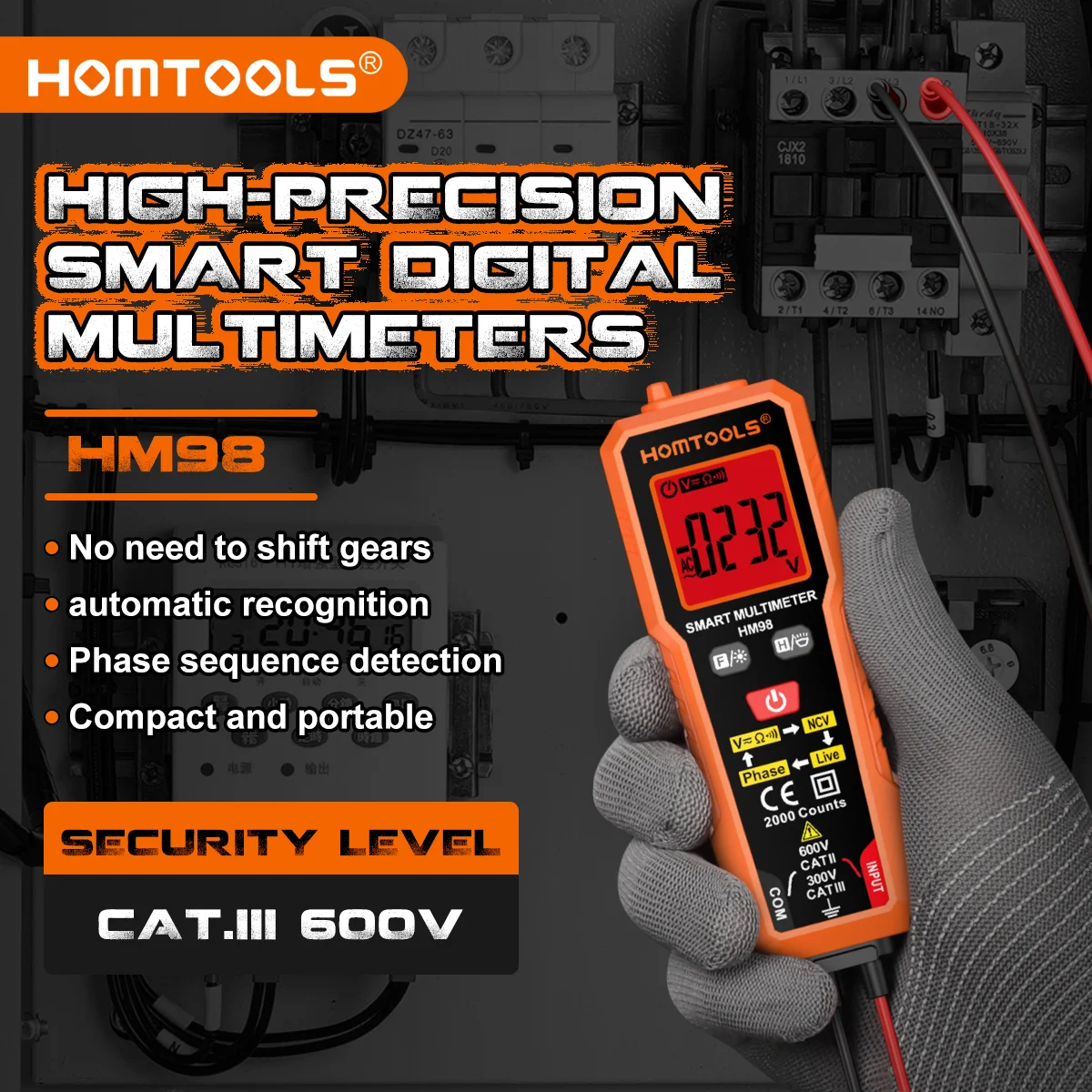 HOMTOOLS HM98 Digital Multimeter Voltage Tester 2000 Counts 600V AC/DC Volt Meter NCV Phase Sequence Auto Ranging Multimetre