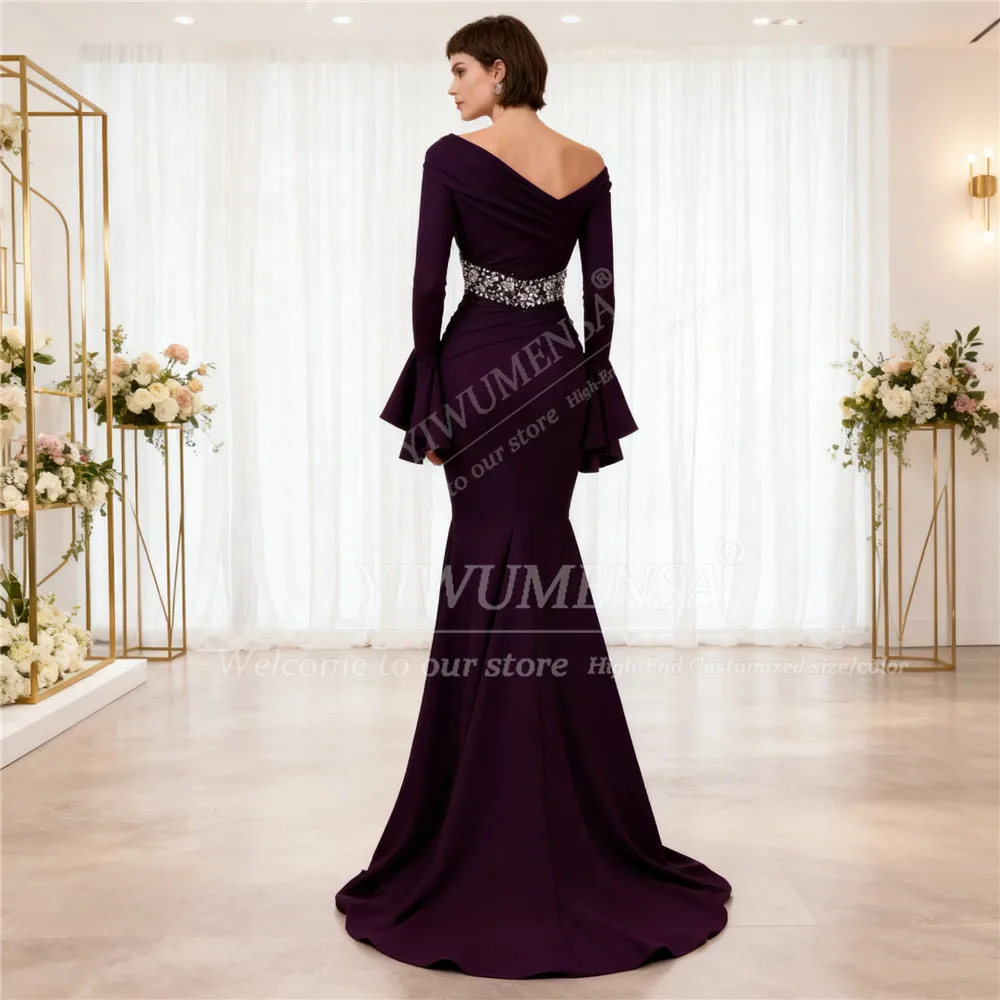 Luxury Crystals Beaded Evening Dresses Off Shoulder Long Sleeves Mermaid Prom Gowns Customized Women Wedding Banquet Attire 2026