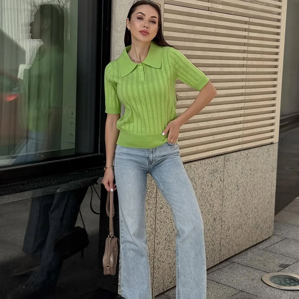 

Talenza Summer Women T-shirt Casual Hollow Lapel Button Short Sleeve Knitted Pullover Fashion Commuter Slim Knitted Top Women