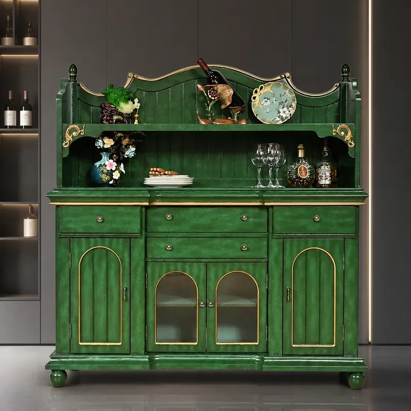 Retro Green Solid Wood Side Cabinet European American Rural Style High Wall Mounted Kitchen Rack Wine Storage Furniture