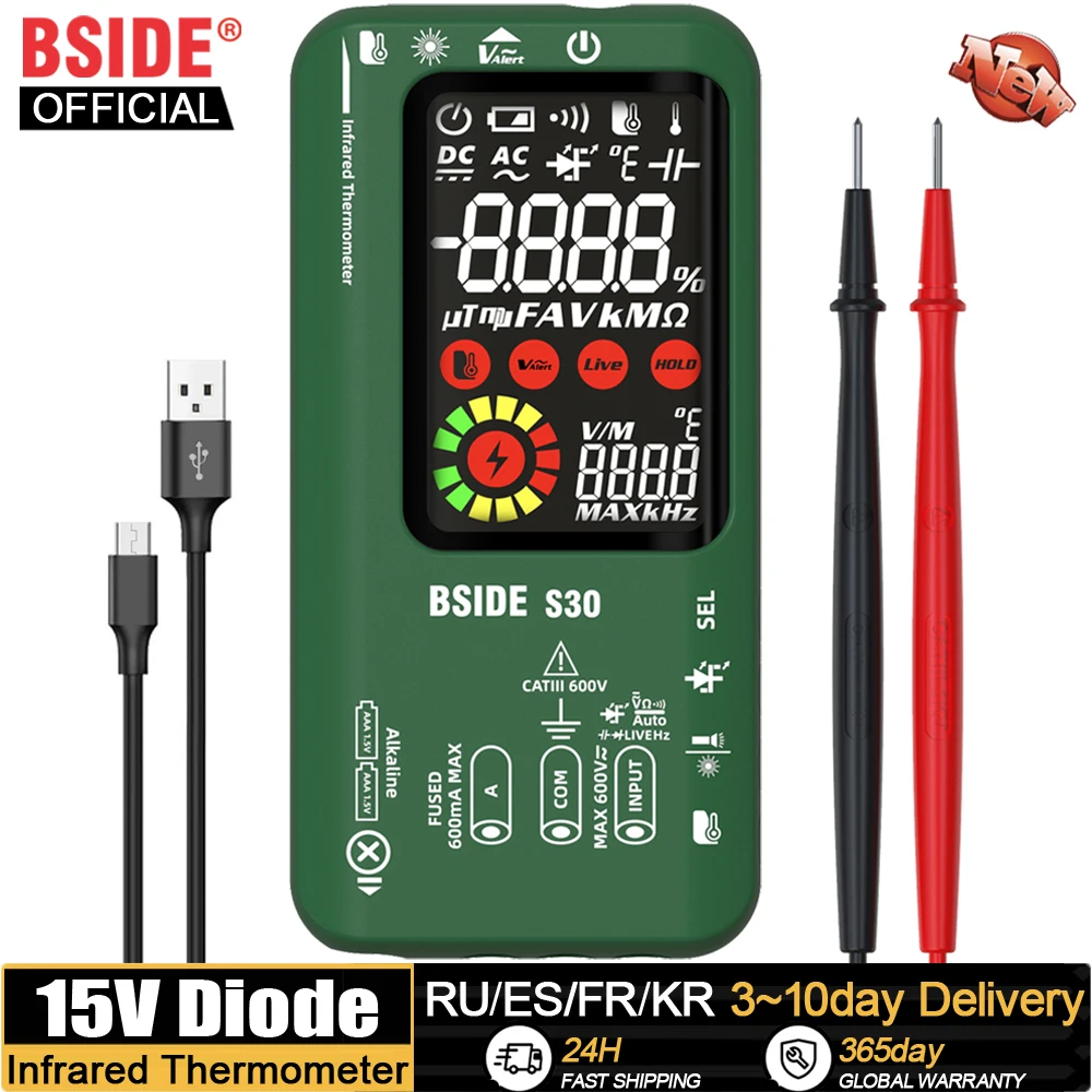 Bside-multímetro Digital Inteligente Multímetro Recarregável Temperatura Diodo 15v Led Tester True Rms 9999 dc Tensão ac Dmm