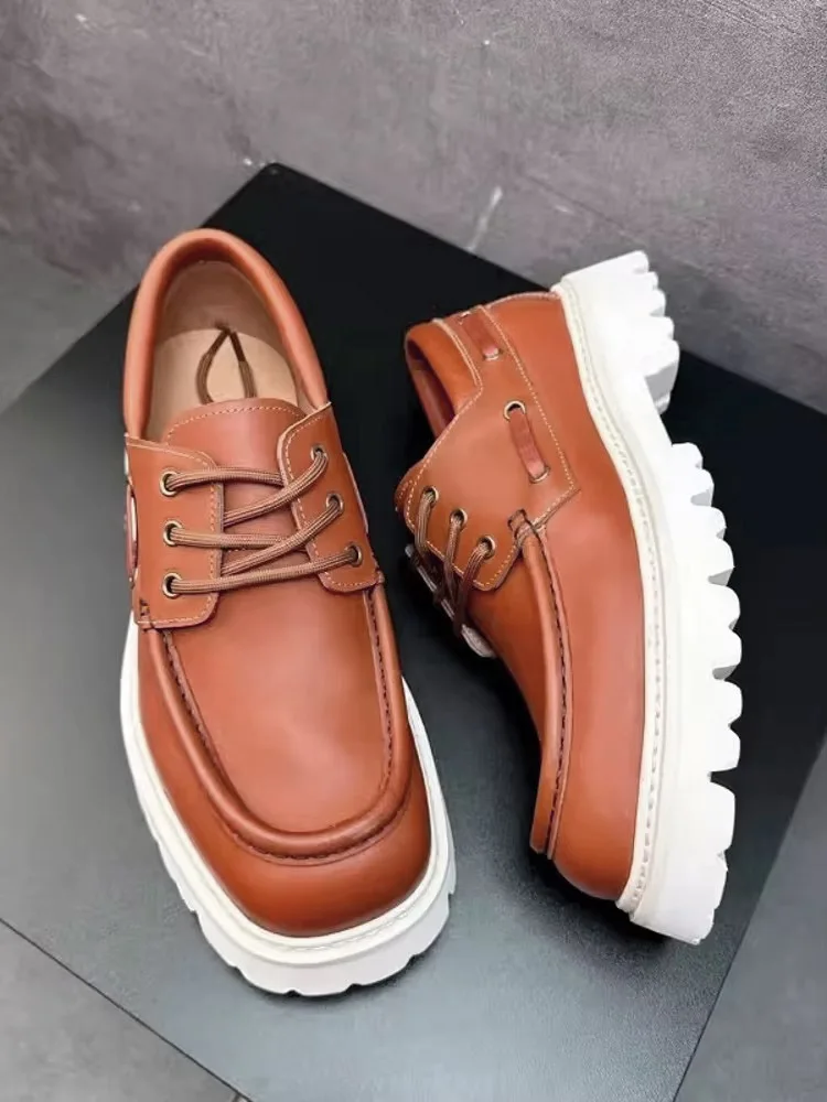 Vintage Mens Thick Platform Cowhide Genuine Leather Dress Shoes Lace Up Business Work Formal Shoes Autumn New Designer Footwear