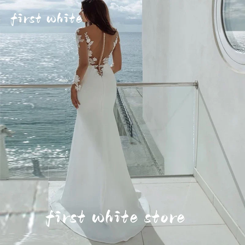 Long Sleeves Mermaid Wedding Dresses Illusion Neck Lace Appliques Elegant Bridal Dress Gowns Beach Vestidos De Noiva Customized
