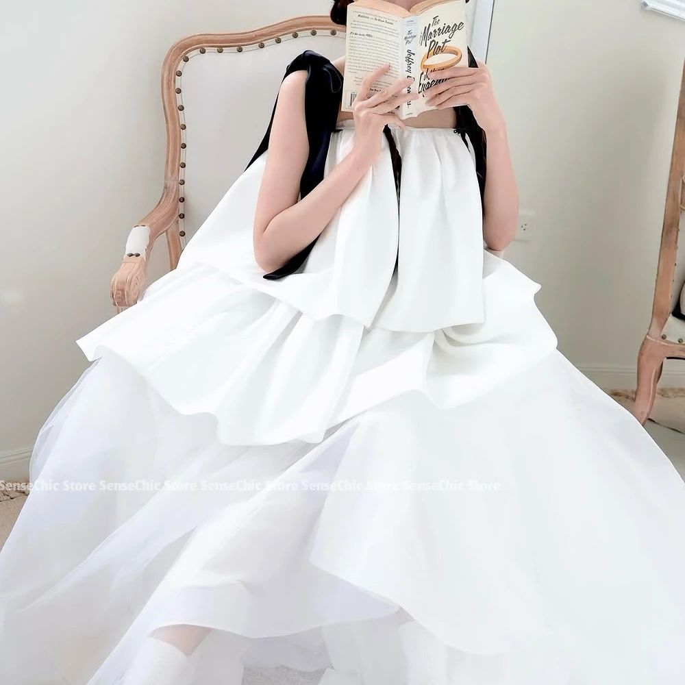 Mini vestidos de novia sin tirantes con lazo, falda extraíble sencilla de satén de Corea, sin mangas, con volantes, vestido de novia corto de fiesta personalizado