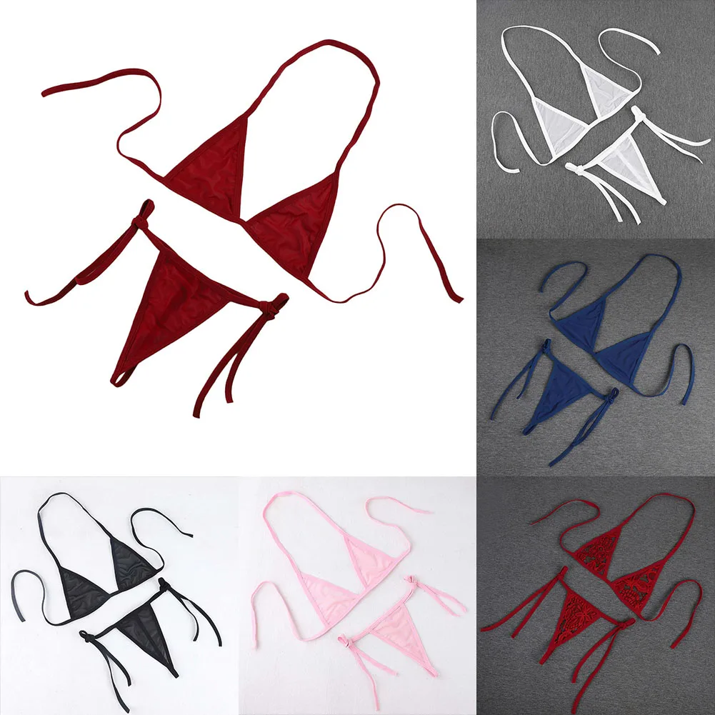 Damskie seksowne bikini stroje kąpielowe 2-częściowy biustonosz z wiązaniem boczne stringi zestaw kostiumy kąpielowe strój kąpielowy Microbikini strój kąpielowy egzotyczna bielizna