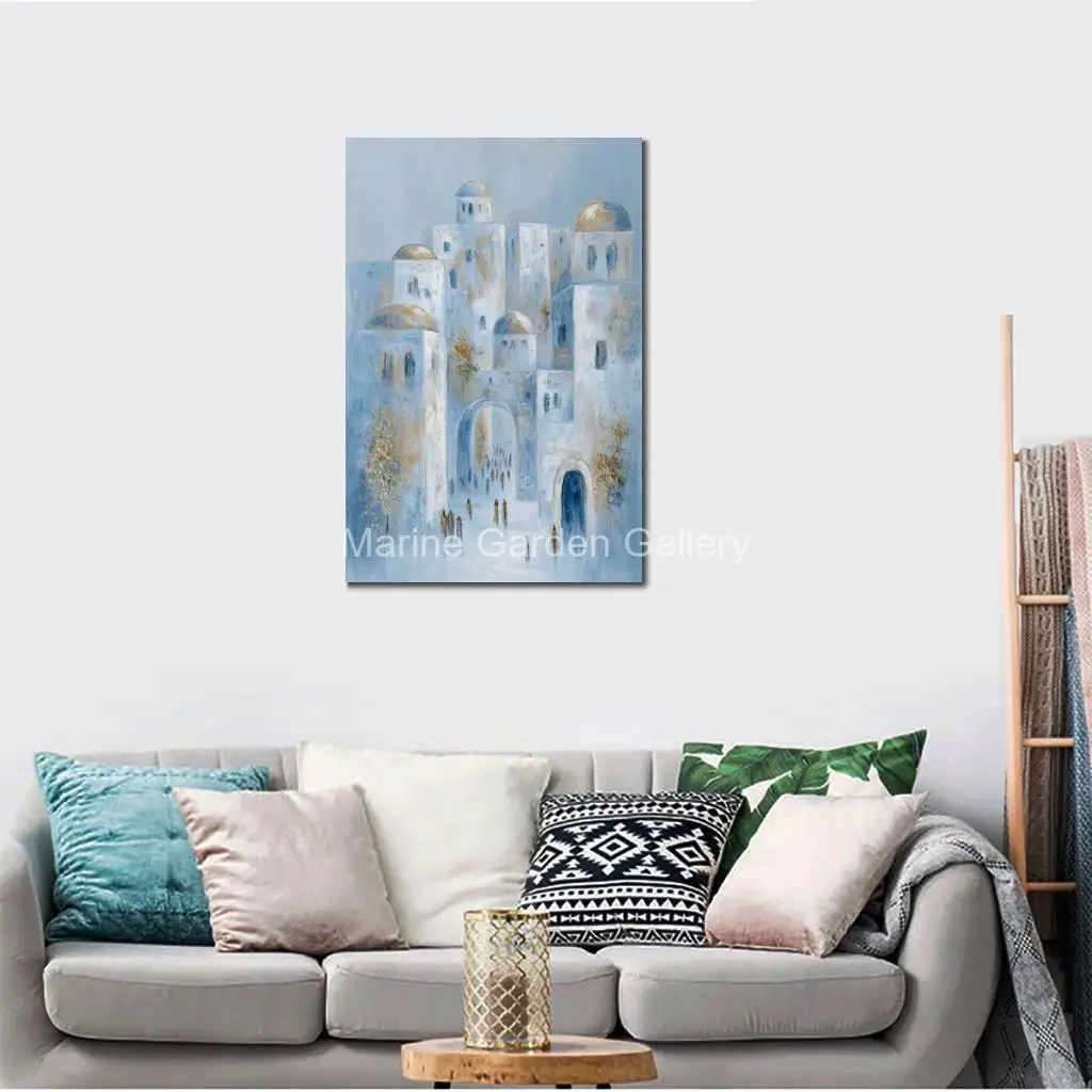 

Gold Textured Old City Painting Hand Painted Abstract Jerusalem Oil on Canvas Large Jewish Wall Art for Living Room Dining Room