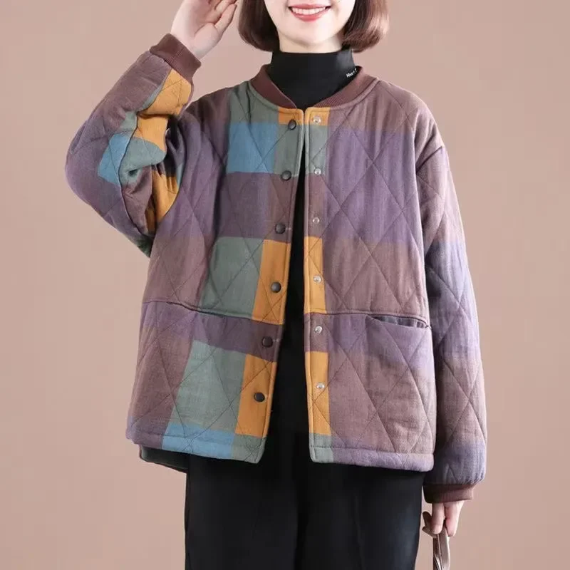 2024 Autumn Winter Clothes New Mother's Short Cotton-Padded Jacket Female Rhombic Plaid Jacket Coat Loose Retro Thick Outwear