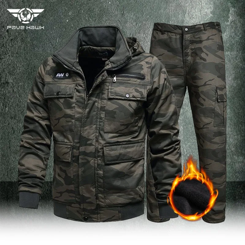 Tactical Camouflage Set Men Thickened Wear-resistant Hooded Jacket+Cotton Fleece Warm Straight-leg Pant Winter Outdoor Work Suit