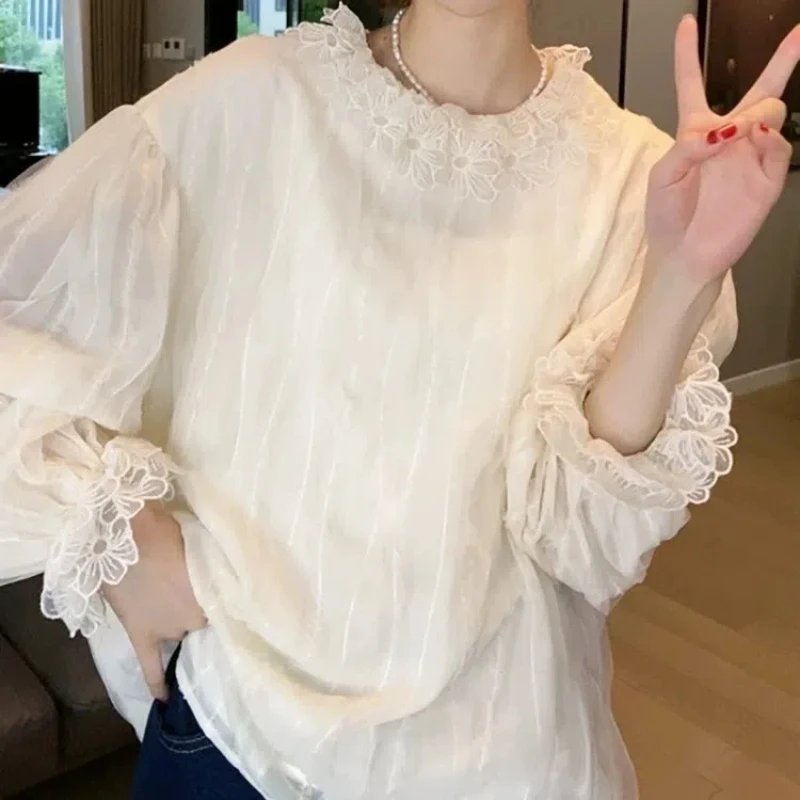 

Korean Round Neck Sweet Elegant Spring Autumn New High-end Feeling Loose Solid Color Female Top Casual Tee Shirt