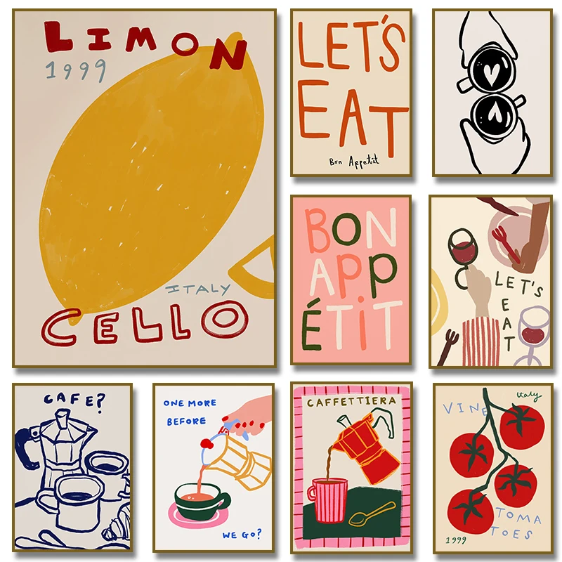 Póster de cocina con texto en inglés "Mangiamos tomates, limones, Bon Appetit", lienzo impreso, imagen artística de pared, decoración del hogar para sala de estar