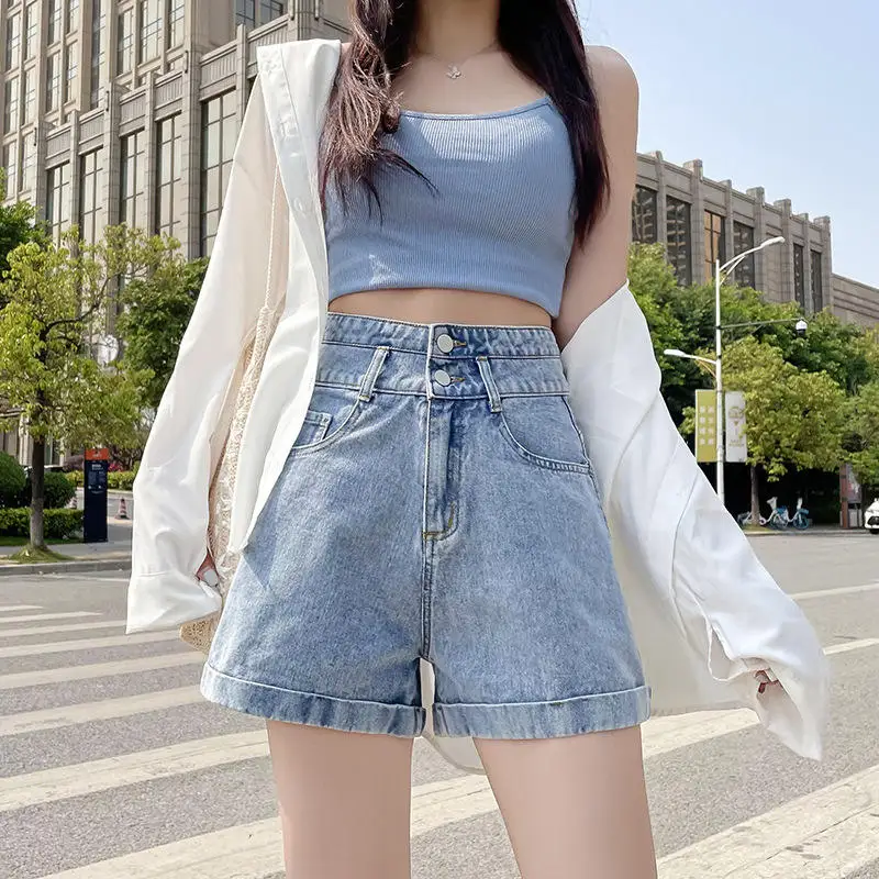 Commuter Versatile Double Buckle Cuff Wide Leg Denim Shorts Women's Spring Summer New Korean Style Straight Casual Hot Pants