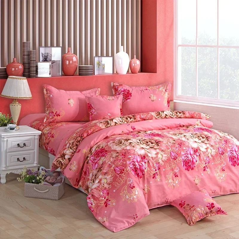 Floral Duvet Cover Nordic Plaid Strated Couple Bedding Pink Cute Full Size Queen Quilt Set Double Sided（No Pillowcase Sheet）