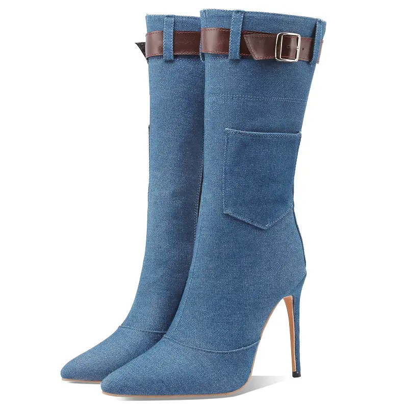 Sexy Denim Jeans Blue Black Color Pointed Toe Women Shoes Big Size 47 48 46 Buckle Belt Thin High Heels Stiletto Mid-calf Boots