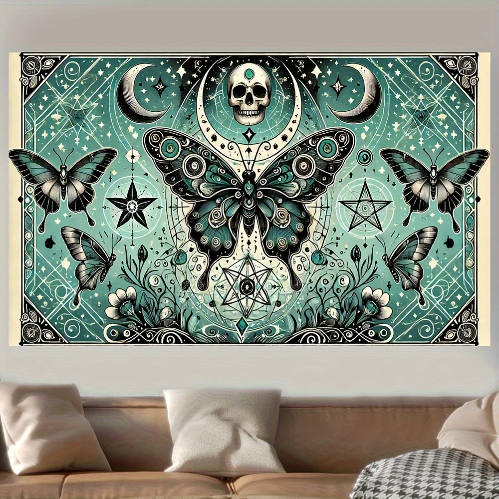 1pc Gothic moth and skull pattern tapestry, machine washable polyester, suitable for bedrooms and living rooms.
