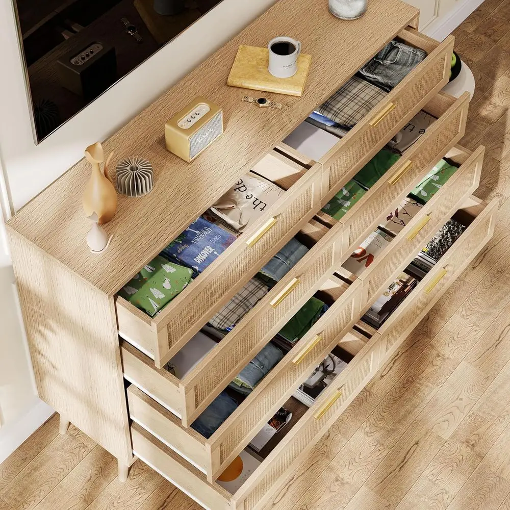 DAFIFY 라탄 서랍장, 모던한 나무 서랍장, 골드 손잡이, 침실, 거실, 현관용 사이드 테이블