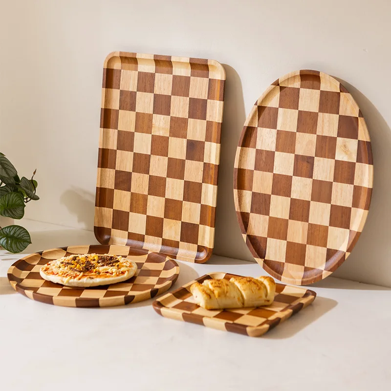 

2025 New Chessboard Pattern Side Pressure Plate, Home Luxury Dessert Bread Western Dining Plate, Square Acacia Wooden Tea Plate
