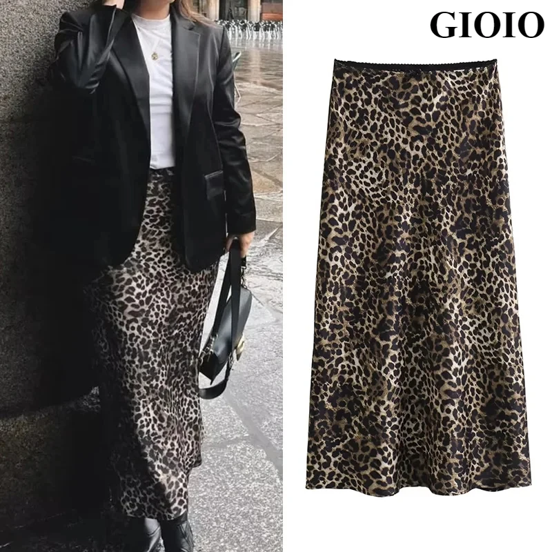 GIOIO Leopard Print Satin Skirt Woman Bow Vintage Midi Skirt 2024 Summer Elegant Long Skirts For Women Fashion Women's Skirts