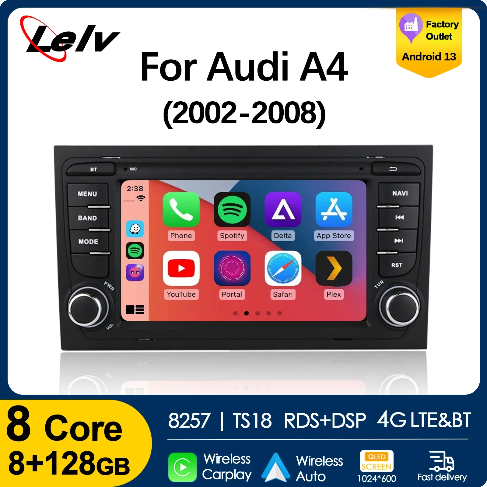 Lelv 7'' CarPlay Android 13 Car Radio 4G for Audi A4 B6 B7 B8 S4 RS4 Seat Exeo Portable Touch Screen Multimedia Player Head Unit 