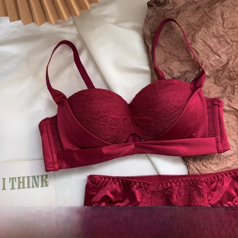 ラッキーレッドウェディングブラセット-レディースセクシーギャザード下着-若い女性向け-ナイロン生地レースデザイン-オールシーズン対応