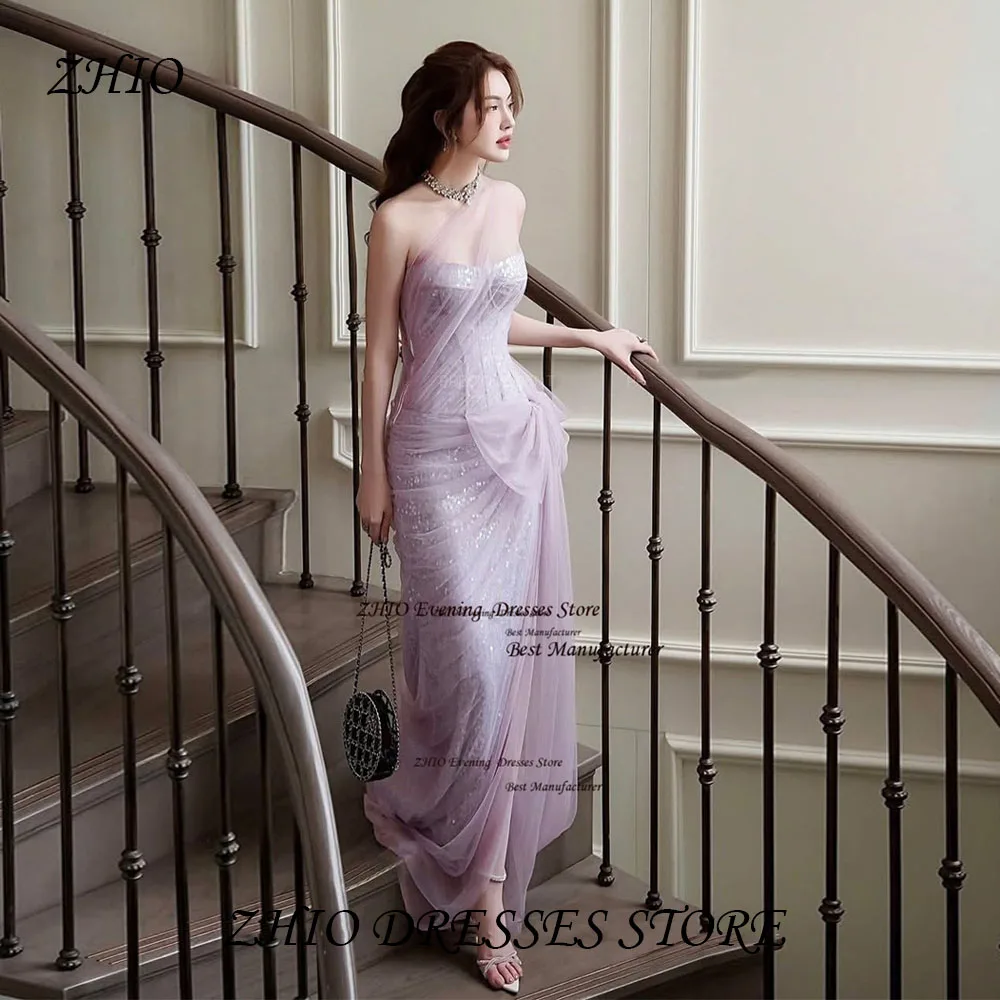 ZHIO الفاخرة الأرجواني الترتر ثوب مسائي الوهم تول ألف خط فستان طويل للحفلات مع القوس الحبيب الطيات فستان حفلات مخصص