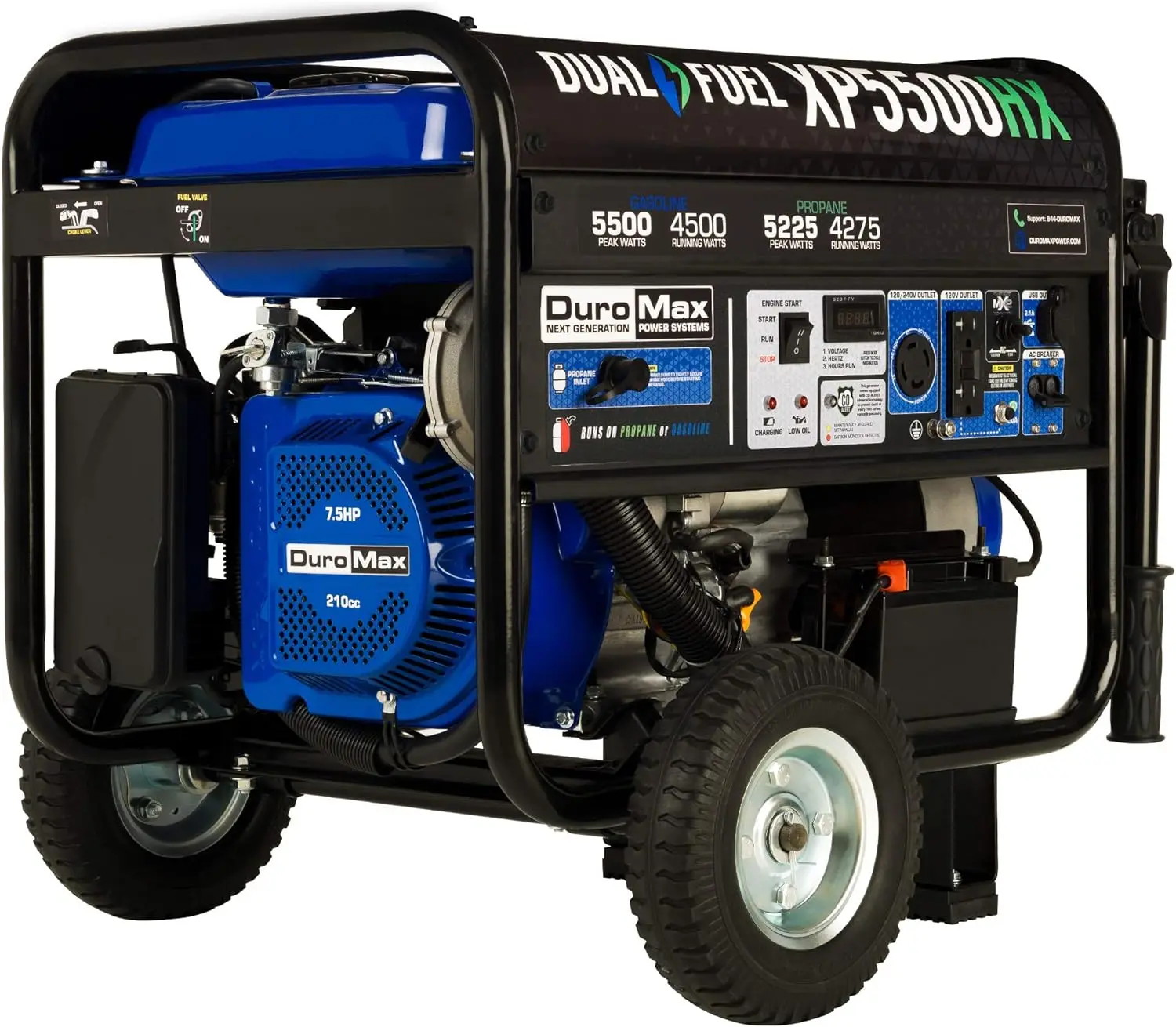 

DuroMax XP5500HX Dual Fuel Portable Generator-5500 Watt Gas or Propane Powered Electric Start w/CO Alert,50 State Approved, Blue