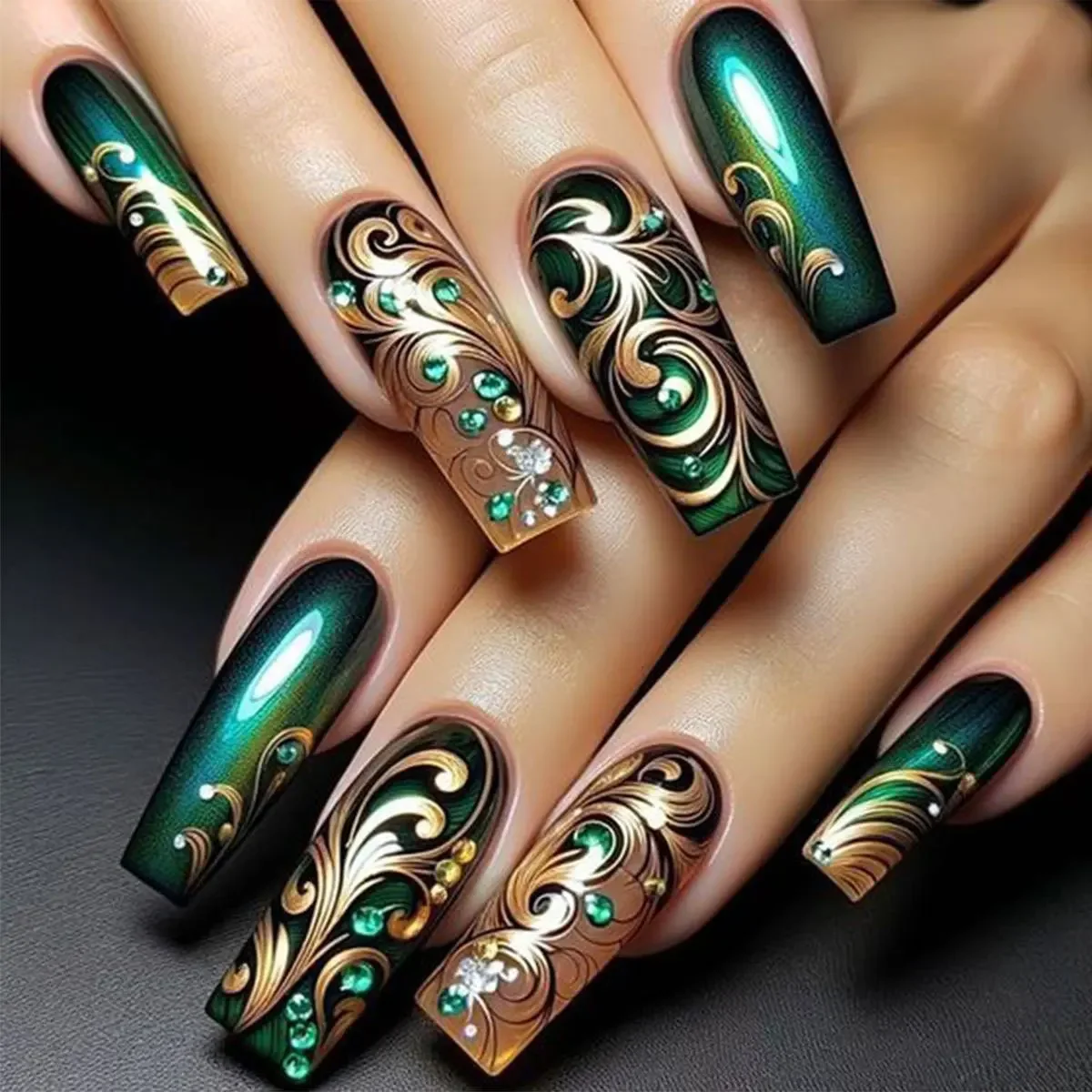 

24PCS Dark Green Flowing Gold Diamond Press on Nails with Glue Black Clock Patterns Retro Long Ballet False Nails Short Nail Art