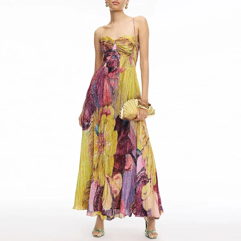 Nuovo elegante abito da festa con stampa pieghettata senza maniche Moda donna Abiti a vita alta vuoti Abiti 2025 Abito estivo sexy con fionda Boho