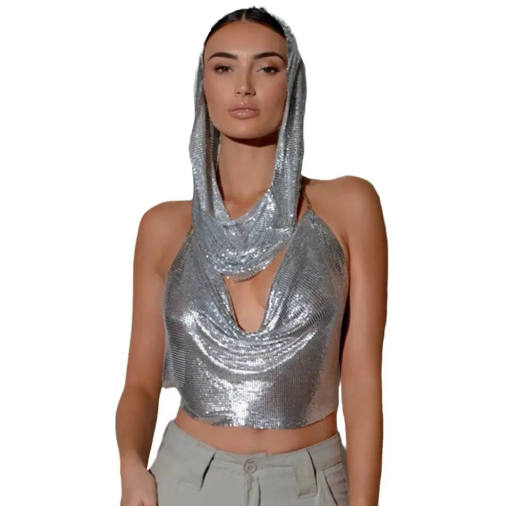 

Women's Two-Piece Set Metal Sequin Top Tape Back Split Design for Nightclub European And American Z20293