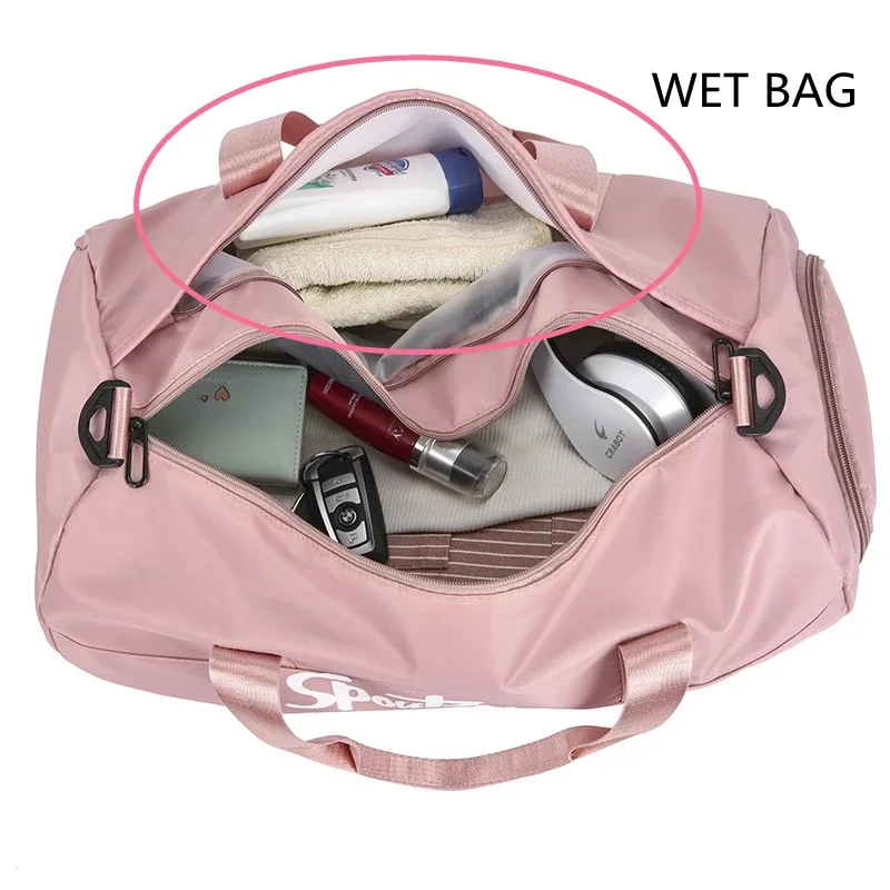 2024 Pink Sports Bag Women Fitness Gym Handbag impermeabile Yoga Weekend Bags Light Travel Swim Duffle Blosa con scomparto per scarpe