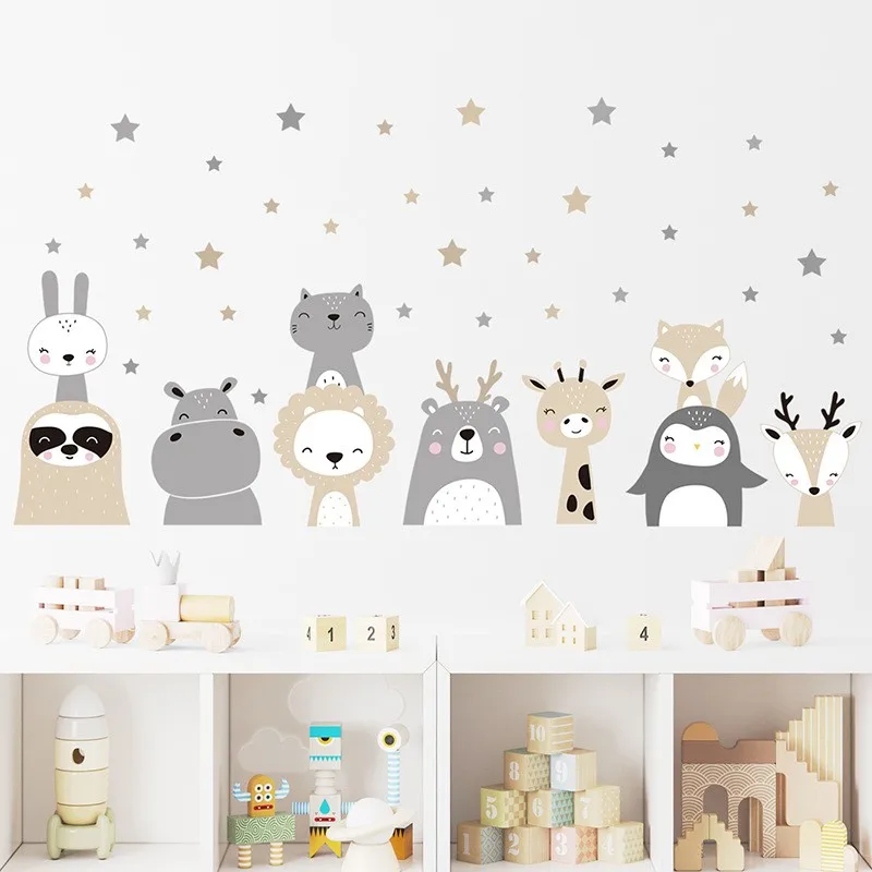 1Pc Cartoon Cute Lion Bunny Forest Animals Stars Wall Stickers for Waterproof PVC Kids Room Kindergarten Home Decoration