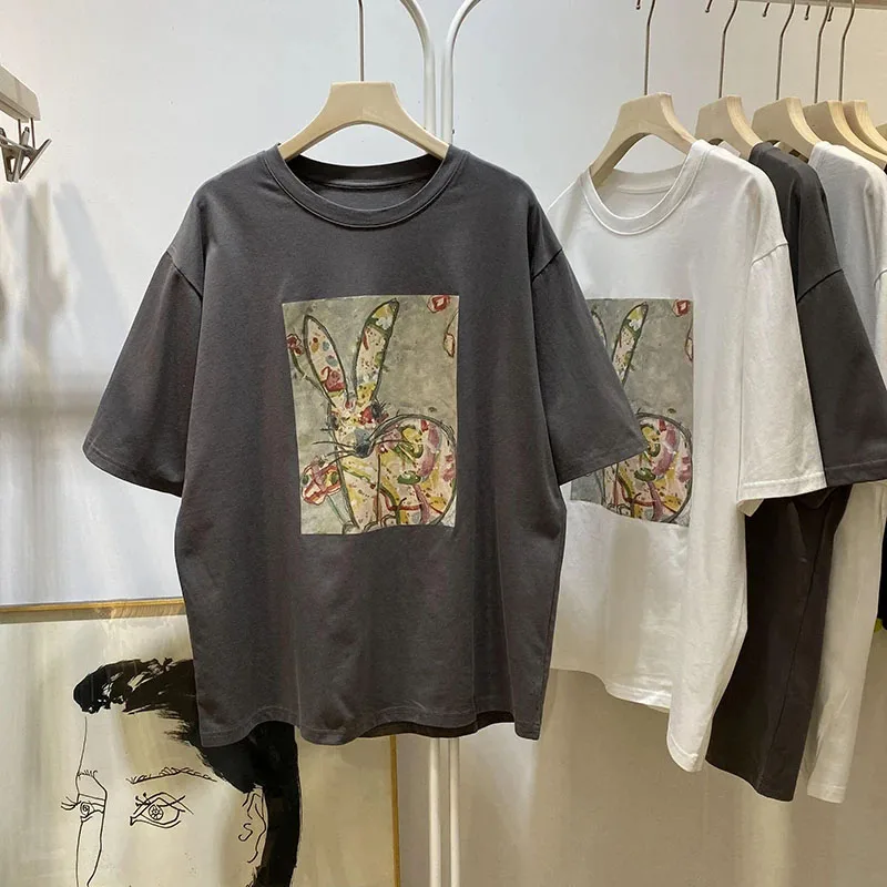 

Футболка женская хлопковая с круглым вырезом, базовая Повседневная модная Свободная рубашка с коротким рукавом, с принтом кролика в Корейском стиле, лето